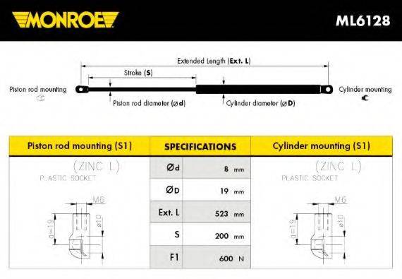 MONROE ML6128 Газова пружина, кришка багажника