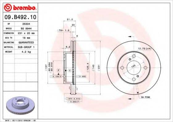 BREMBO 09B49210 гальмівний диск